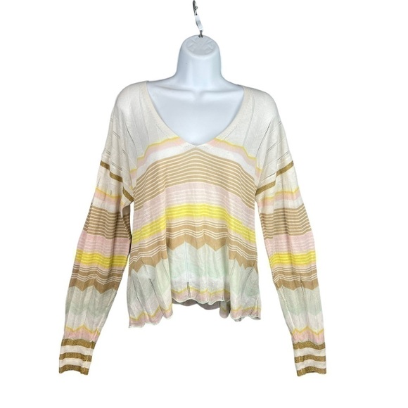 Wildfox Sweater Lightweight Multicolor Pastel Stripe V Neck Pull Over Medium - Picture 1 of 8